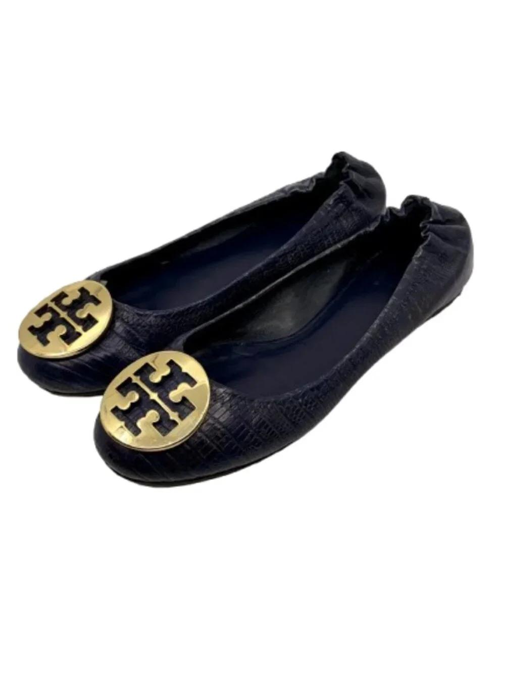 TORY BURCH~Gold Reva Logo~BALLET FLATS~NAVY BLUE EMBOSSED LEATHER SHOES~8.5M
